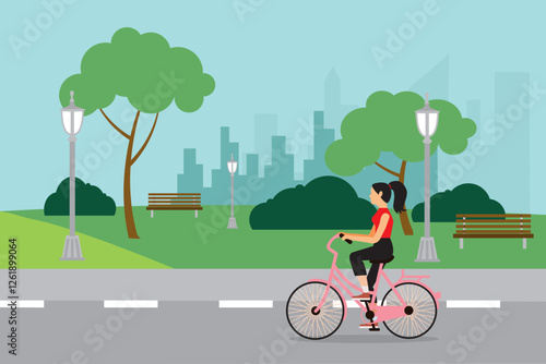 Woman fitness A bike set vector illustration lifestyle cityscape background