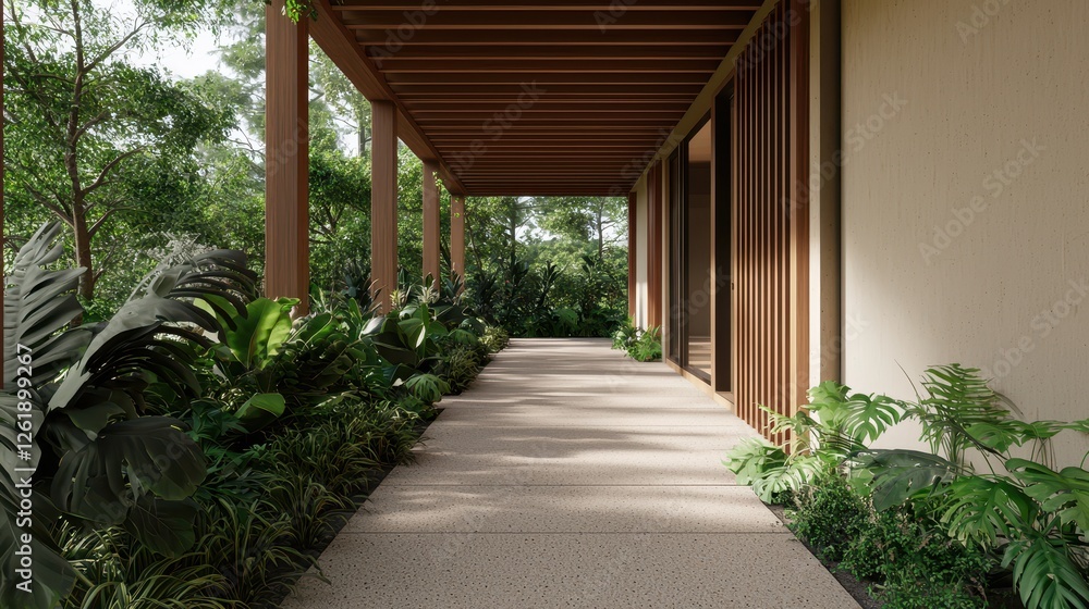 A serene pathway leads to a modern structure, framed by lush greenery and wooden beams, creating a tranquil outdoor space. A serene pathway leads to a modern structure, framed by lush greenery and wooden beams, creating a tranquil outdoor space.