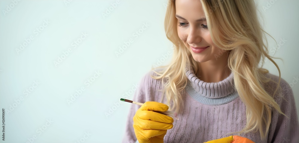 Blonde Woman with Colorful Gloves Engaged in Creative Task on Light Background Blonde Woman with Colorful Gloves Engaged in Creative Task on Light Background