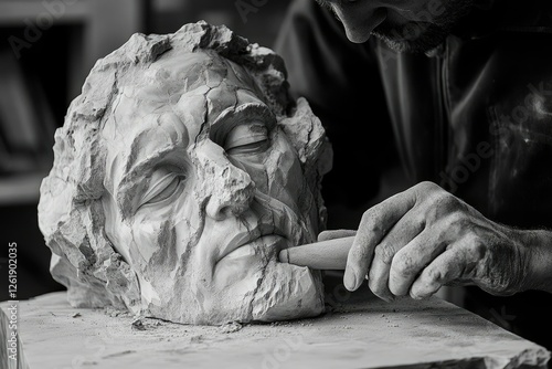 A sculptor meticulously chisels a weathered, expressive stone face, imbuing it with raw emotion. photo