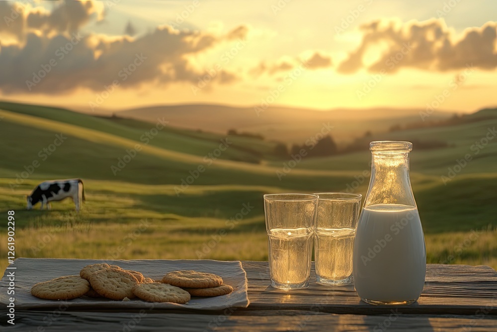 Countryside Sunset Milk & Cookies on Wooden Table Countryside Sunset Milk & Cookies on Wooden Table