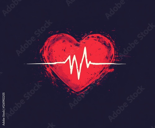 Stylized Red Heartbeat Symbol with Electrocardiogram on a Dark Background