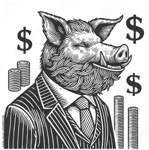 Boar Businessman with Money engraving vector