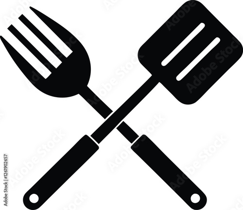 Grill fork and spatula tool silhouette vector, grill tools icon set