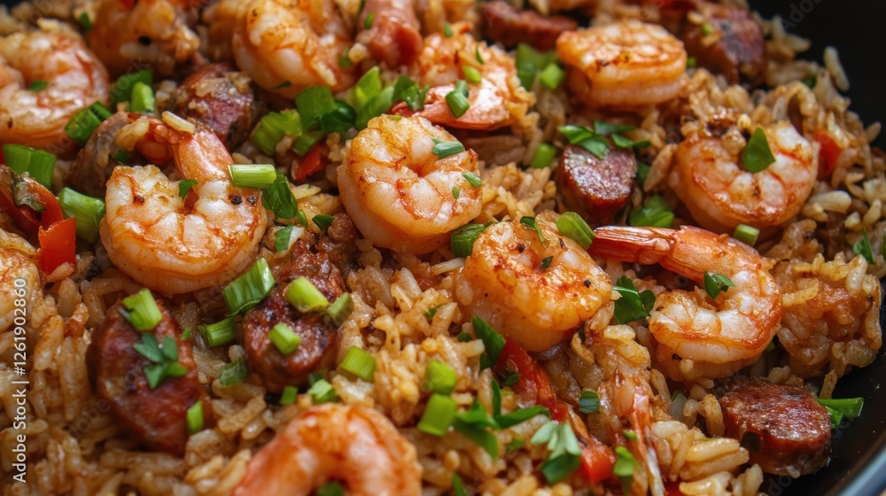 Bold, spicy Cajun shrimp paired with sausage and fried rice, offering a deliciously savory and satisfying meal. Bold, spicy Cajun shrimp paired with sausage and fried rice, offering a deliciously savory and satisfying meal.