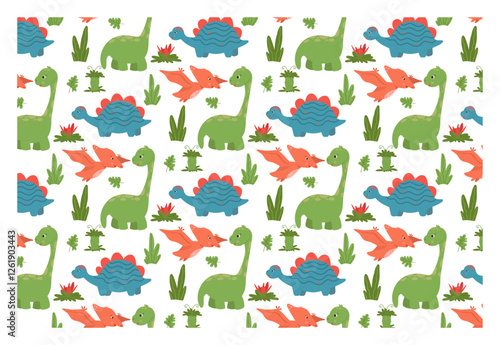 Funny baby pattern with cute pterosaur and two more dinosaurs, kids print. Seamless background with prehistoric animals, cute vector texture for baby bedding, fabric, wallpaper, wrapping paper