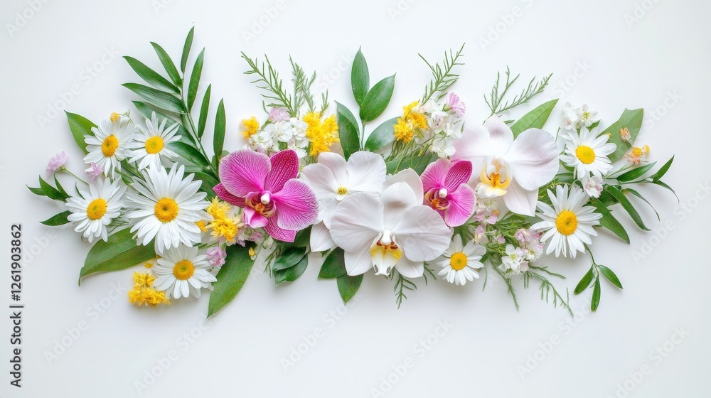 Fototapeta premium Whimsical Floral Arrangement of Orchids Daisies and Greenery for Spring Weddings