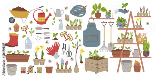 Vector set of garden tools. Potted plants isolated on white background. Set of equipment for replanting house plants. Large set of garden elements and tools.