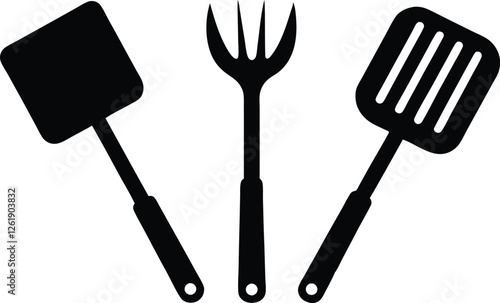 Grill fork and spatula tool silhouette vector, grill tools icon set