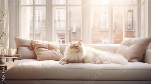 white cat relaxing on the sofa  generative ai