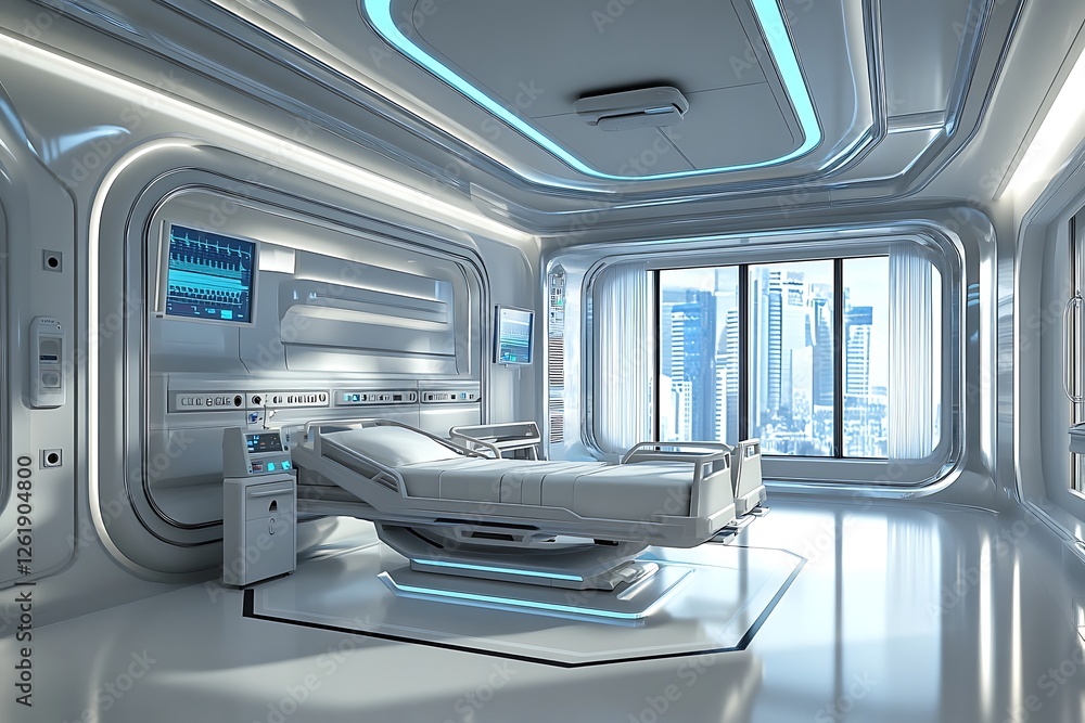 futuristic hospital room with bright lighting and large windows futuristic hospital room with bright lighting and large windows