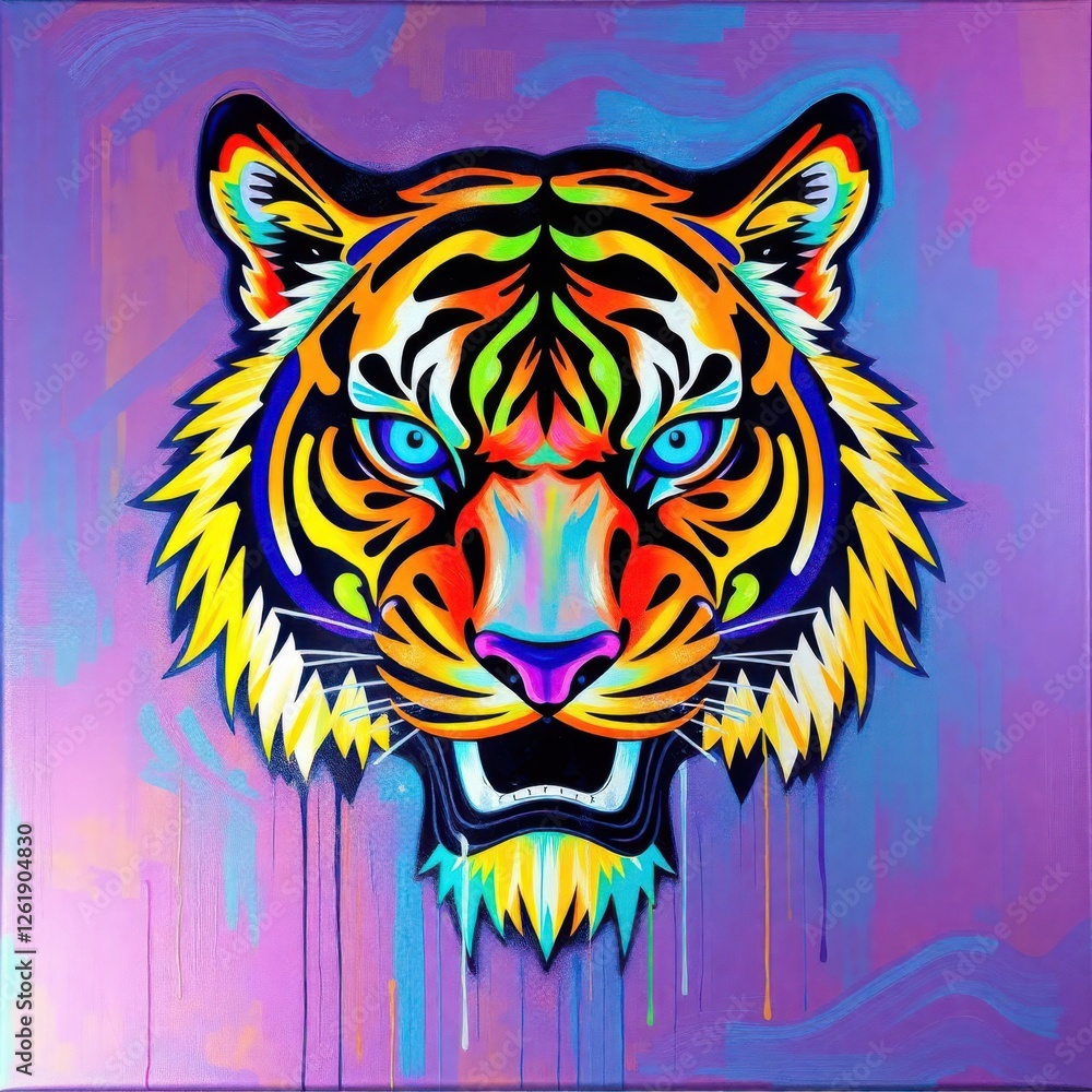 Fototapeta Vibrant tiger portrait with colorful paint drips, set against a vivid purple background. Bold and expressive.