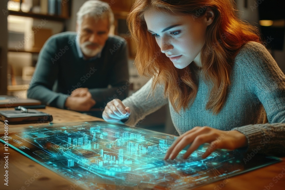 Fototapeta premium A young woman and an older man collaborate on a holographic city map, using futuristic technology for urban planning.