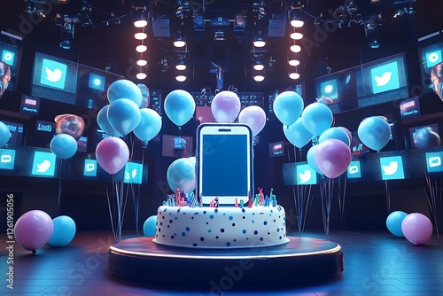 A modern birthday cake shaped like a smartphone, surrounded by social media-themed balloons on a tech-savvy stage filled with digital screens.