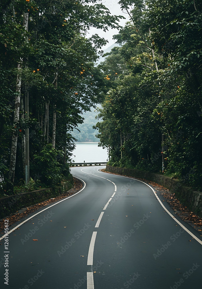 Obraz premium Driving Along Winding Road Through Lush Forest to a Scenic Lake