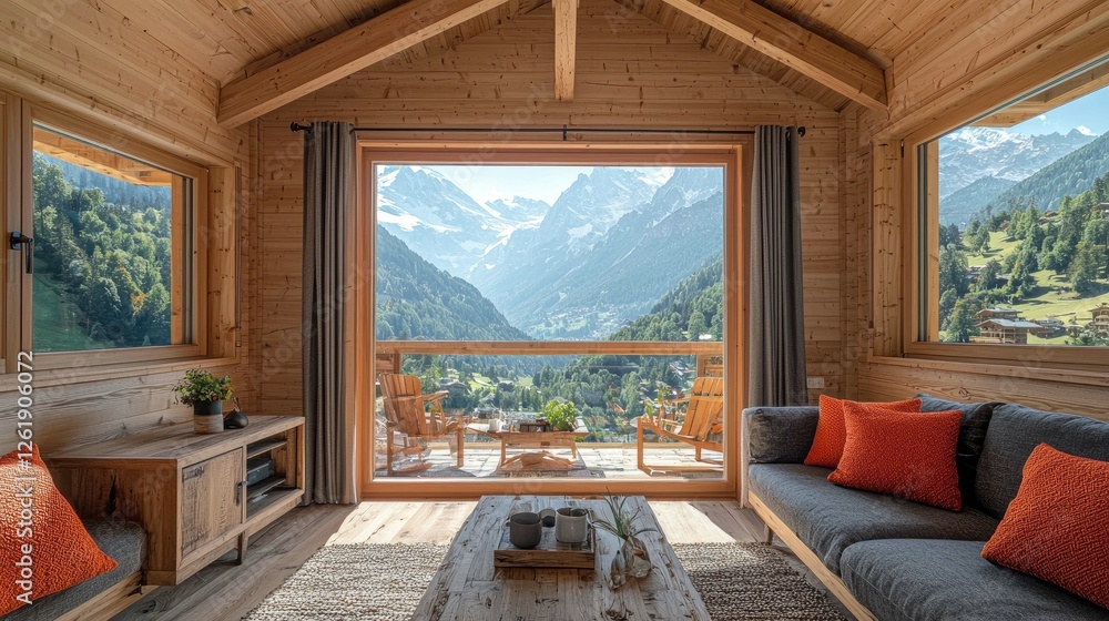 Fototapeta premium Spectacular Mountain View from Cozy Wooden Chalet Living Room