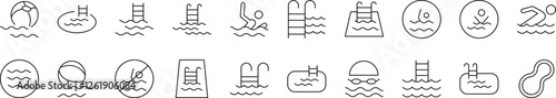 Pack of Line Icons of Swimming Pool. Minimalistic Linear Pictogram for Web and Graphic Design, Apps, Banners, Social Network and Cards
