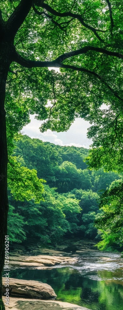 Fototapeta premium A serene forest landscape featuring lush green trees and a tranquil river, showcasing the beauty of nature.