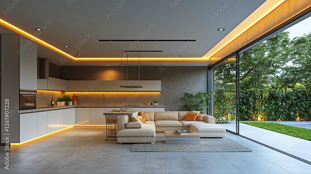 Fototapeta premium Modern Open Plan Home Interior Design with Warm Lighting and Garden View