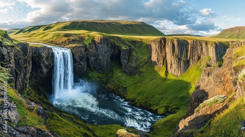 Majestic Icelandic waterfall, green landscape, sunny day, travel poster