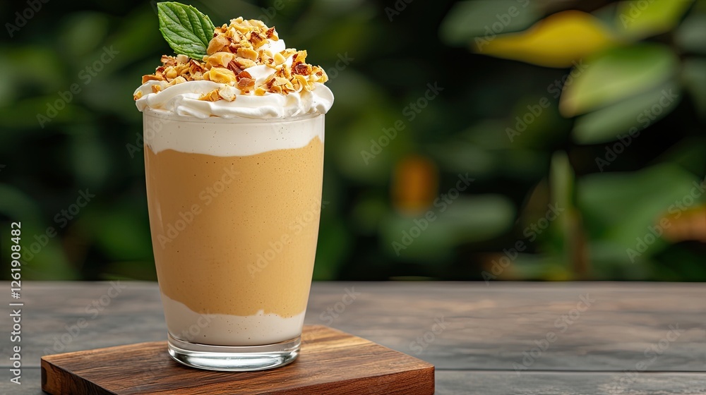 drinks milkshake artisanal concept. Delicious dessert drink topped with whipped cream and granola in a glass. drinks milkshake artisanal concept. Delicious dessert drink topped with whipped cream and granola in a glass.