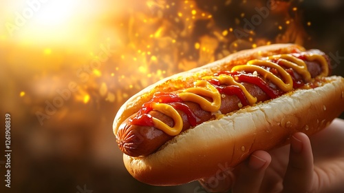 Delicious hotdog with ketchup and mustard on a soft bun under spotlight