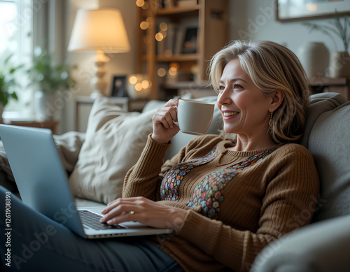 Happy mature woman resting on the sofa at home, drinking coffee or tea while watching movies, webinars, or videos on her laptop.