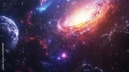 A vibrant cosmic scene showcasing a galaxy and Earth amidst a colorful starry backdrop.