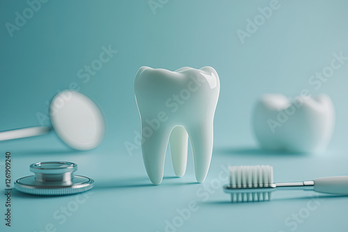 Dental care tools and healthy tooth model on a light blue background photo