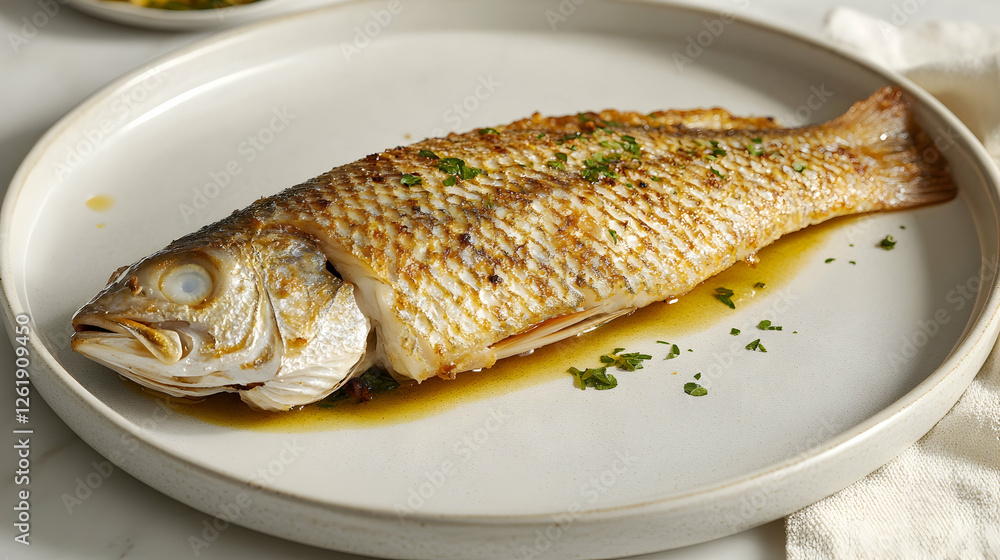 Pan-seared fish, herbs, marble background, delicious meal, recipe Pan-seared fish, herbs, marble background, delicious meal, recipe