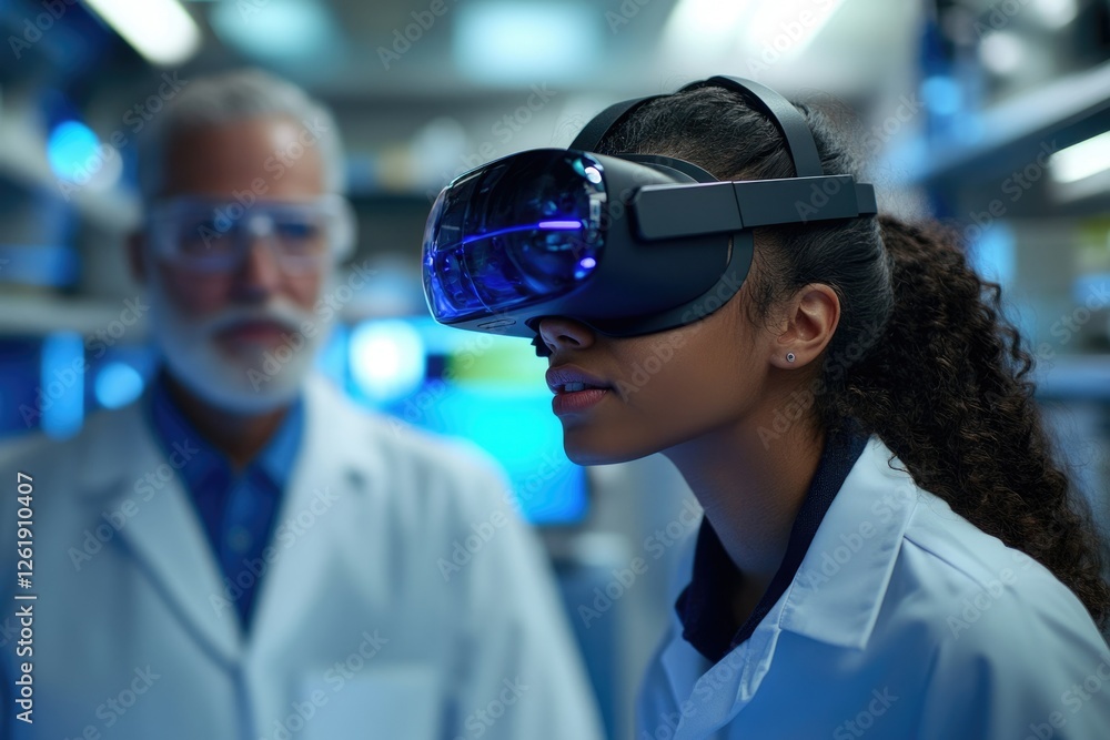A young scientist uses a VR headset in a lab, possibly for medical research or data visualization. A young scientist uses a VR headset in a lab, possibly for medical research or data visualization.