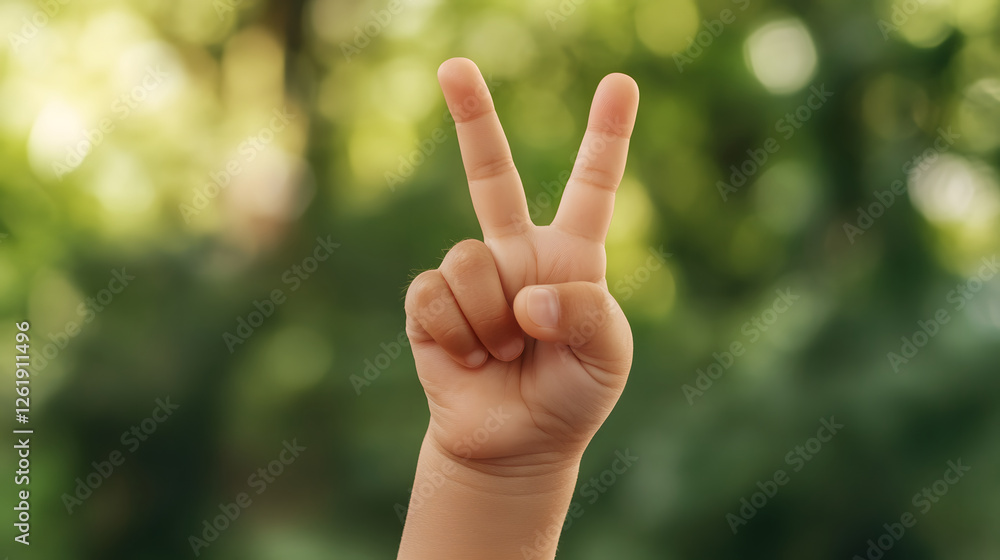 child tiny hand making peace sign in natural setting child tiny hand making peace sign in natural setting