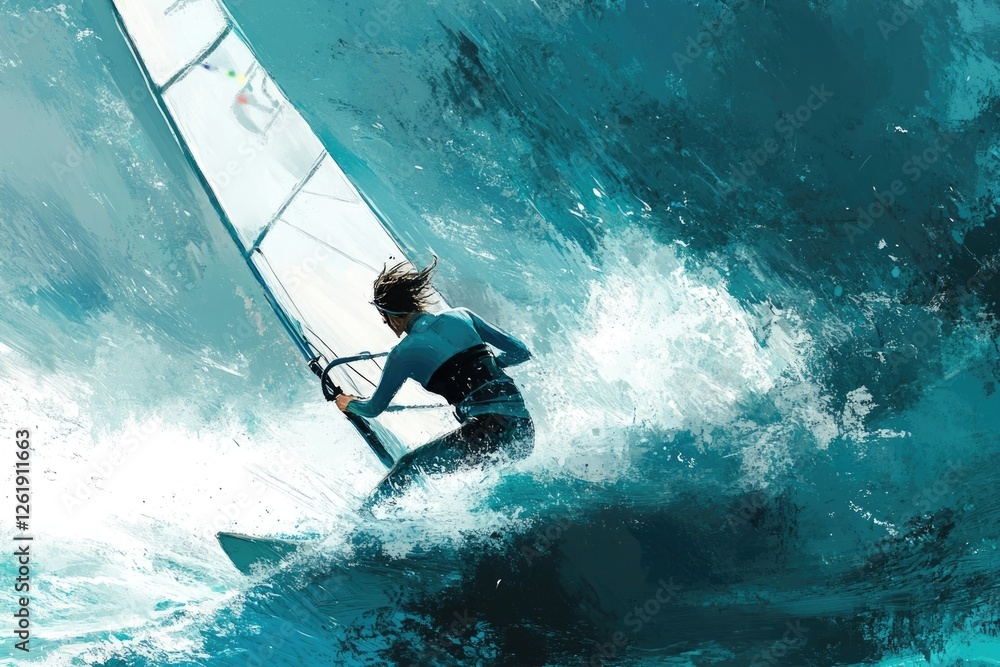 Naklejka premium A female windsurfer navigates powerful waves, showcasing skill and determination in a dynamic ocean scene.