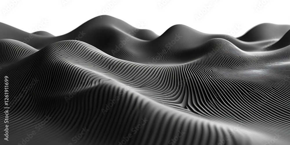 Naklejka premium Abstract grayscale undulating landscape, white background, digital art, website design