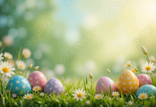 easter eggs on grass frame type background, Easter Celebration, Vibrant Eggs on Green Grass, 
Springtime Easter Eggs Framed by Lush Grass,  photo
