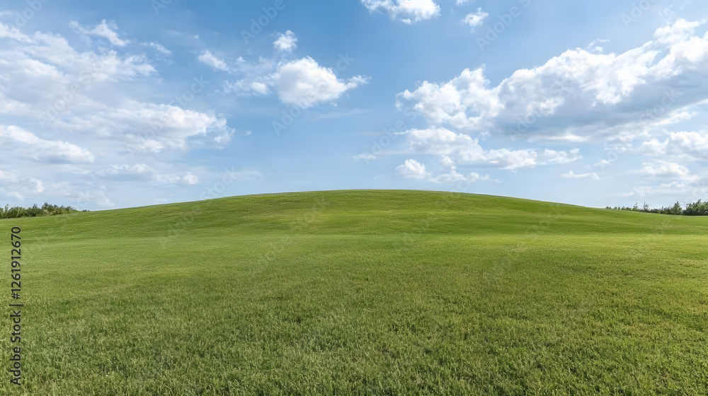 Lush green hill under bright blue sky with fluffy clouds, creating serene landscape Lush green hill under bright blue sky with fluffy clouds, creating serene landscape