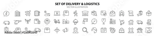 Delivery and Logistic set of web icons in line style. Shipping service icons for web and mobile app. Shipping, logistics, delivery, courier, tracking, refunds and more. Vector illustration