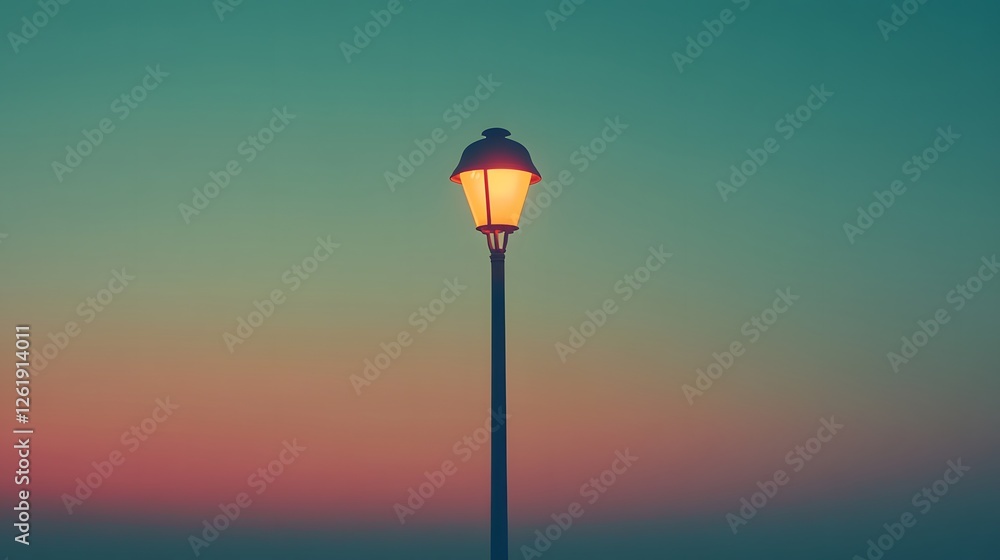 Illuminated street lamp against a tranquil sunset gradient background Illuminated street lamp against a tranquil sunset gradient background