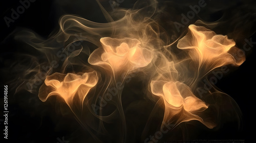 Mystical golden flowers with swirling smoke create enchanting atmosphere