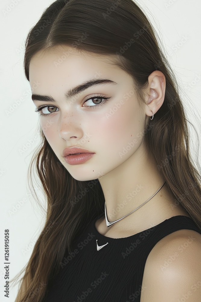 Portrait of a Young Woman with Long Brown Hair and Minimalist Jewelry Portrait of a Young Woman with Long Brown Hair and Minimalist Jewelry