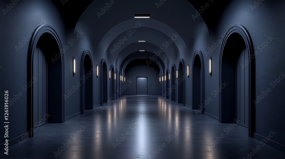 Obraz premium Dark hallway mysteriously stretches deep cool blue light subtly illuminates arched doorways. AI Generated
