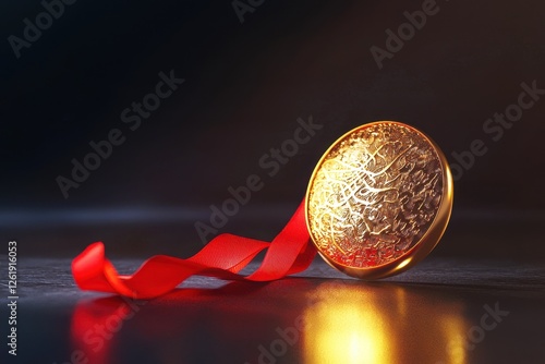 Gold medal with red ribbon arranged on dark reflective surface photo