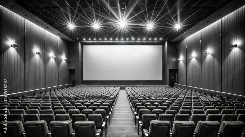 Black and white stillness: an empty cinema, blank screen, architectural details starkly defined. Black and white stillness: an empty cinema, blank screen, architectural details starkly defined.