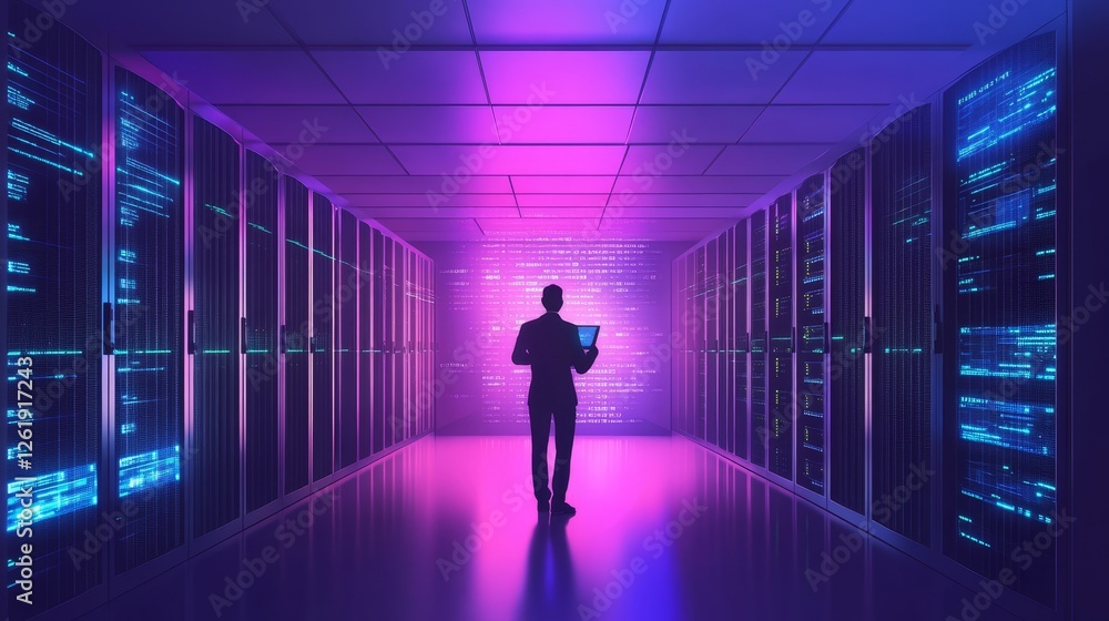 High-Tech Data Center Server Control: IT Specialist Administrator Working on Computer, Screen Showing Big Data AI Analysis and Code. Web Services, Machine Learning, Analytics Facility, Cyber Security High-Tech Data Center Server Control: IT Specialist Administrator Working on Computer, Screen Showing Big Data AI Analysis and Code. Web Services, Machine Learning, Analytics Facility, Cyber Security