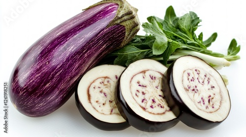 Wallpaper Mural Fresh Purple Eggplant Sliced and Whole with Green Leaves on White Background Torontodigital.ca