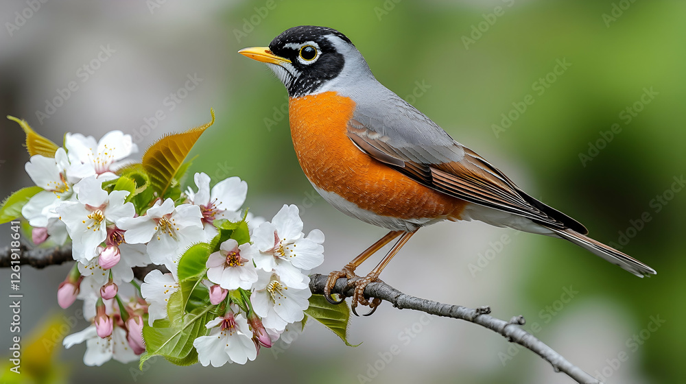 Robin perched on cherry blossom branch, spring garden background, nature photography for websites Robin perched on cherry blossom branch, spring garden background, nature photography for websites