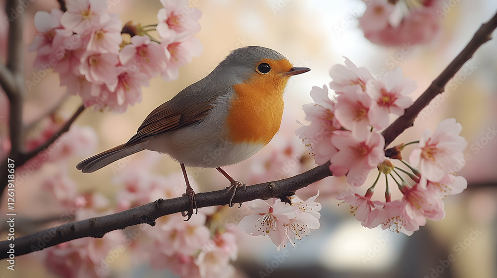 Robin perched on cherry blossom branch, spring garden, blurred background, nature scene, ideal for calendars Robin perched on cherry blossom branch, spring garden, blurred background, nature scene, ideal for calendars