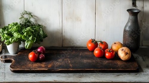 Rustic kitchen still life with fresh vegetables and herbs on a dark board