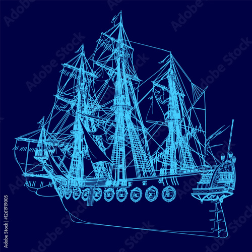 A blue drawing of a ship with a sail. The ship is large and has a lot of detail