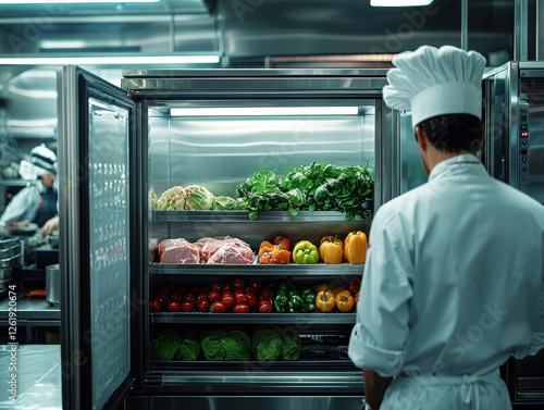 Cold storage and food preparation area featuring a commercial refrigerator stocked with fresh produce and meats, inspected by a professional chef in a restaurant kitchen